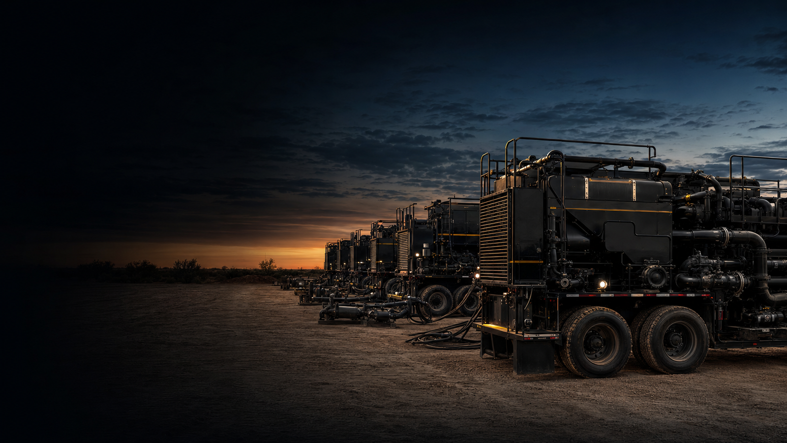 Hardline Energy pressure pumping equipment staged at dusk